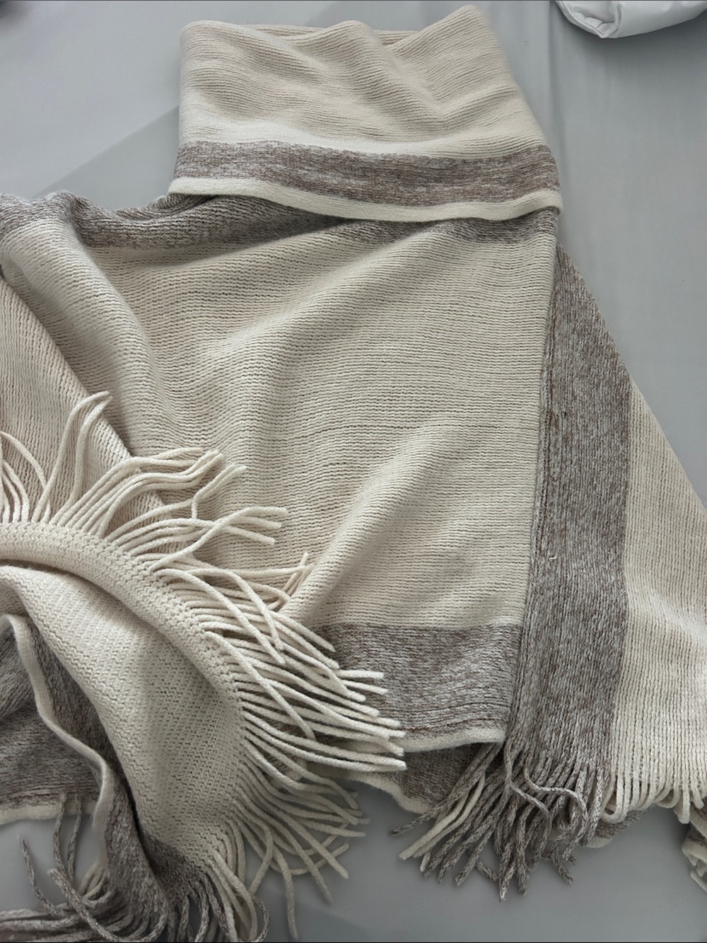 Cozy Cream & Taupe Fringe Knit Sweater Wrap